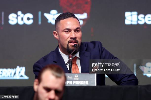 Joseph Parker of New Zealand speaks during the Day Of Reckoning Press Conference at OVO Arena Wembley on November 15, 2023 in London, England.