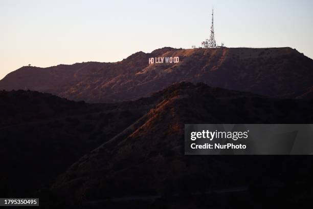 View of the Hollywood sign in Los Angeles on November 13, 2023.