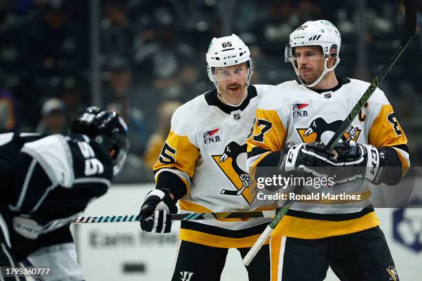 Erik Karlsson and Sidney Crosby of the Pittsburgh Penguins at Crypto.com Arena on November 09, 2023 in Los Angeles, California.