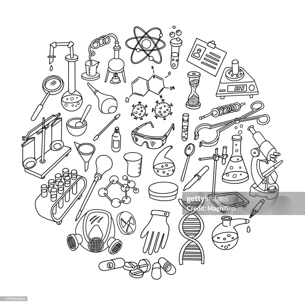 Laboratory Equipment Doodle Set, Circle Composition