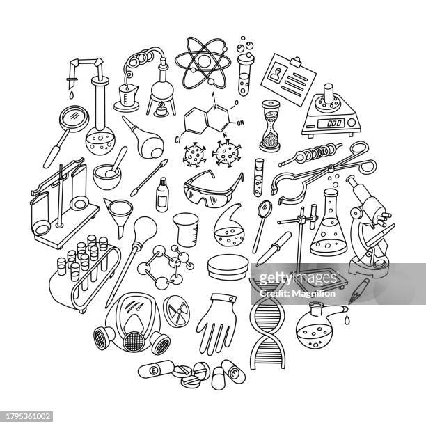laboratory equipment doodle set, circle composition - flask stock illustrations