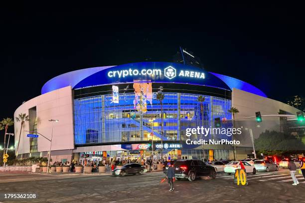 View of the Crypto.com Arena before the LA Lakers-Memphis Grizzlies match in Los Angeles on November 14, 2023.