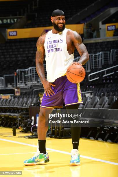 LeBron James of the Los Angeles Lakers warms-up before the game during the in Season Tournament on November 21, 2023 at Crypto.Com Arena in Los...