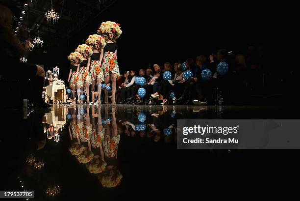 Model showcases designs by Annah Stretton on the runway during New Zealand Fashion Week at the Viaduct Events Centre on September 5, 2013 in...