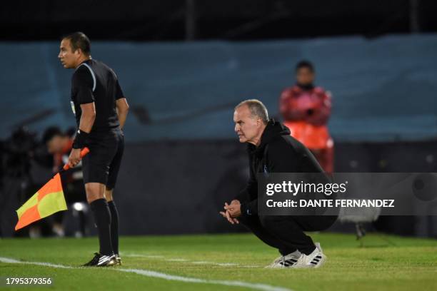 Uruguay's Argentine coach Marcelo Bielsa looks on during the 2026 FIFA World Cup South American qualification football match between Uruguay and...