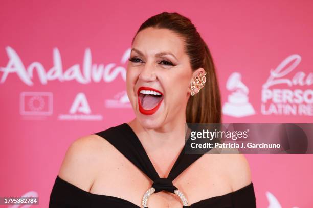 Niña Pastori attends The Latin Recording Academy's 2023 Person of the Year Gala Honoring Laura Pausini at FIBES Conference and Exhibition Centre on...