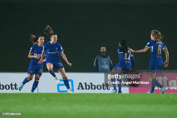 Niamh Charles of Chelsea FC celebrates after scoring goal during the UEFA Women's Champions League group stage match between Real Madrid CF and...