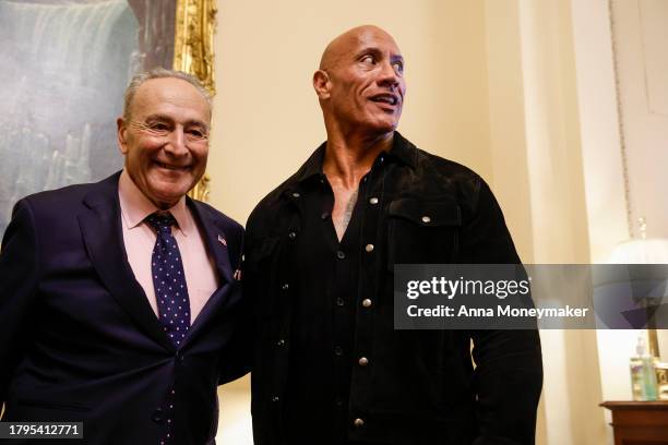 Actor Dwayne Johnson visits with U.S. Majority Leader Chuck Schumer in his office at the U.S. Capitol Building on November 15, 2023 in Washington,...