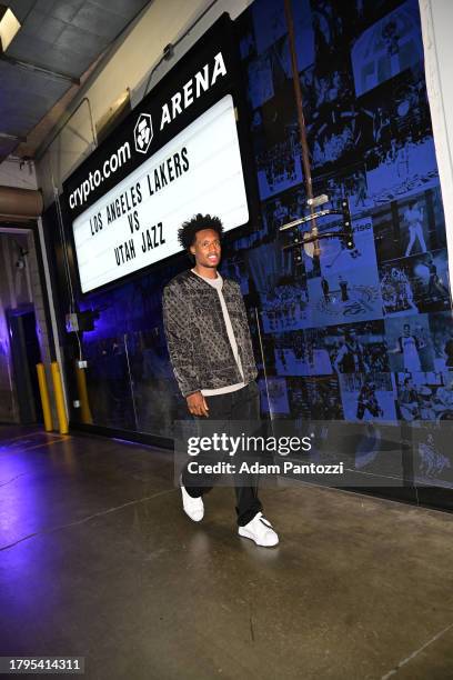 Colin Sexton of the Utah Jazz arrives to the arena before the game during the in Season Tournament on November 21, 2023 at Crypto.Com Arena in Los...