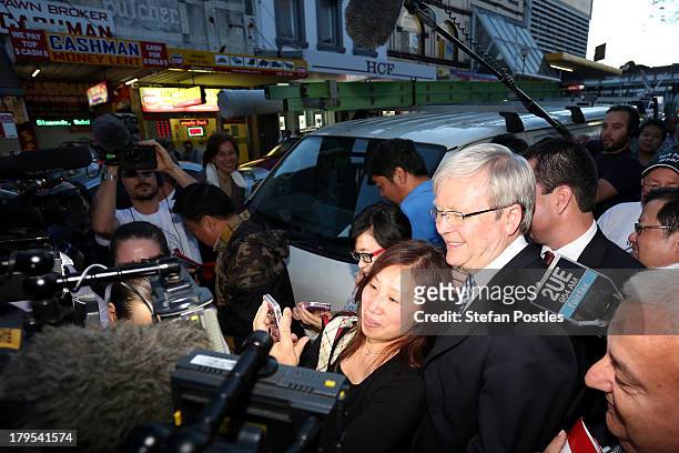 Australian Prime Minister, Kevin Rudd meets with voters in Western Sydney on September 5, 2013 in Sydney, Australia. After spending the morning in...
