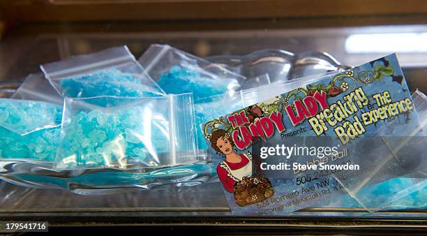 View of The Candy Lady's Heisenberg "Meth" rock candy on September 02, 2013 in Albuquerque, New Mexico. The Candy Lady is merchandising a number of...