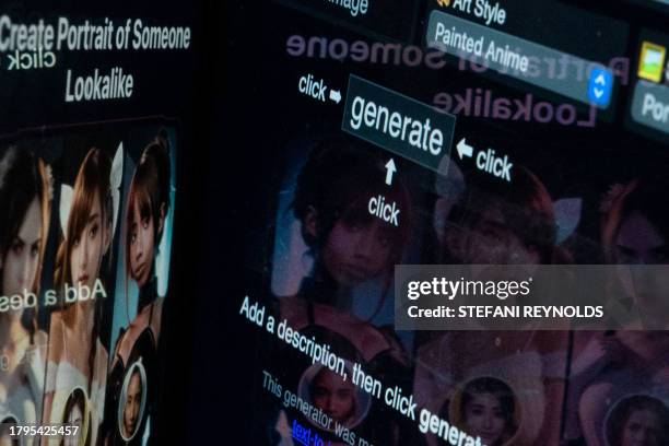 This photo illustration created in Washington, DC, on November 16, 2023 shows an AI girl generator reflected between a computer screen and cell...