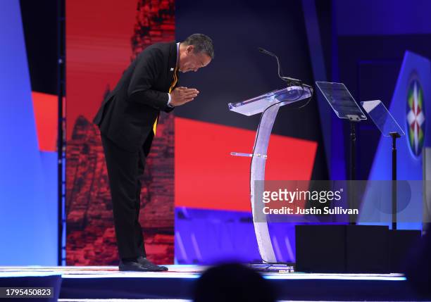 Thai Prime Minister Srettha Thavisin bows before speaking during the APEC CEO Summit at Moscone West on November 15, 2023 in San Francisco,...