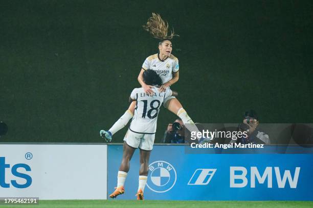 Olga Carmona of Real Madrid celebrates with her teammates Linda Caicedo of Real Madrid after scoring the team's second goal during the UEFA Women's...