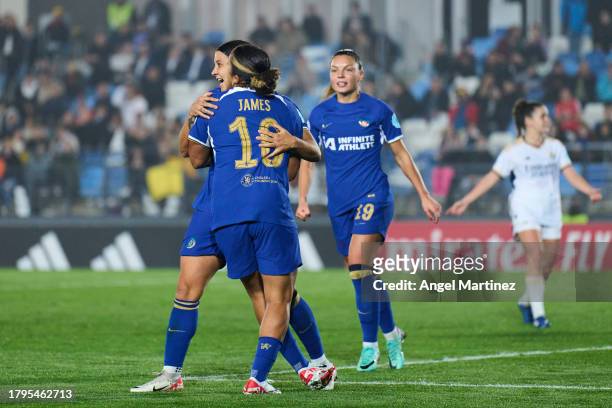 Samantha Kerr of Chelsea FC scoring her team's second goal during the UEFA Women's Champions League group stage match between Real Madrid CF and...