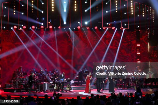 Malú, Alejandro Sanz and Niña Pastori perform onstage during the Latin Recording Academy Person of The Year Honoring Laura Pausini at FIBES...