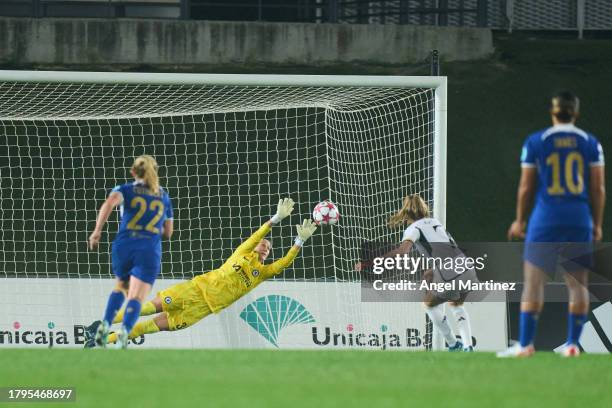 Olga Carmona of Real Madrid scores the team's second goal from a penalty kick during the UEFA Women's Champions League group stage match between Real...