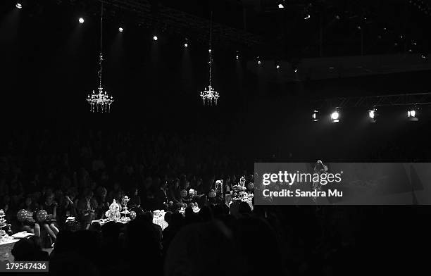 Model showcases designs by Annah Stretton on the runway during New Zealand Fashion Week at the Viaduct Events Centre on September 5, 2013 in...