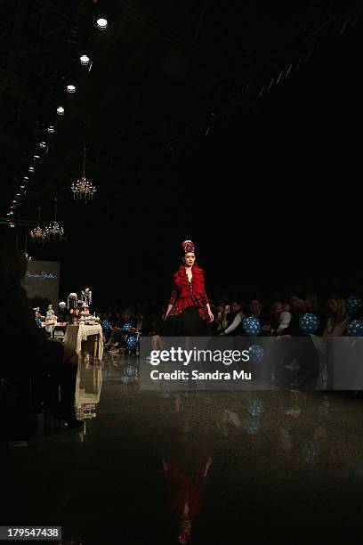 Model showcases designs by Annah Stretton on the runway during New Zealand Fashion Week at the Viaduct Events Centre on September 5, 2013 in...