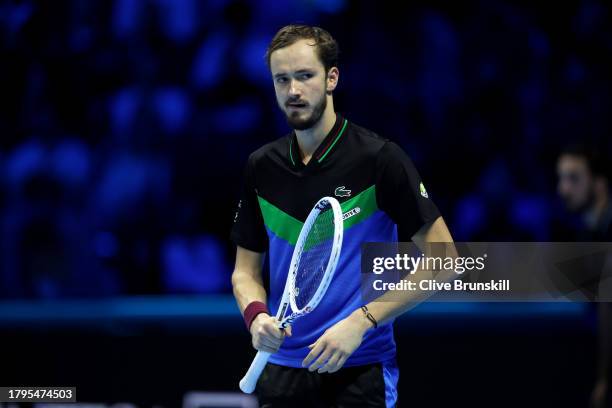 Daniil Medvedev reacts after winning match point against Alexander Zverev of Germany during the Men's Singles Round Robin match on day four of the...