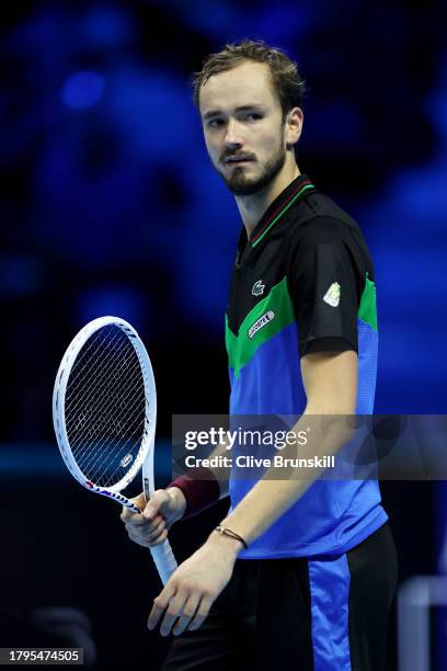 Daniil Medvedev reacts after winning match point against Alexander Zverev of Germany during the Men's Singles Round Robin match on day four of the...