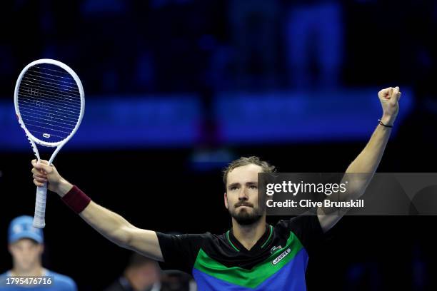 Daniil Medvedev celebrates after winning match point against Alexander Zverev of Germany during the Men's Singles Round Robin match on day four of...