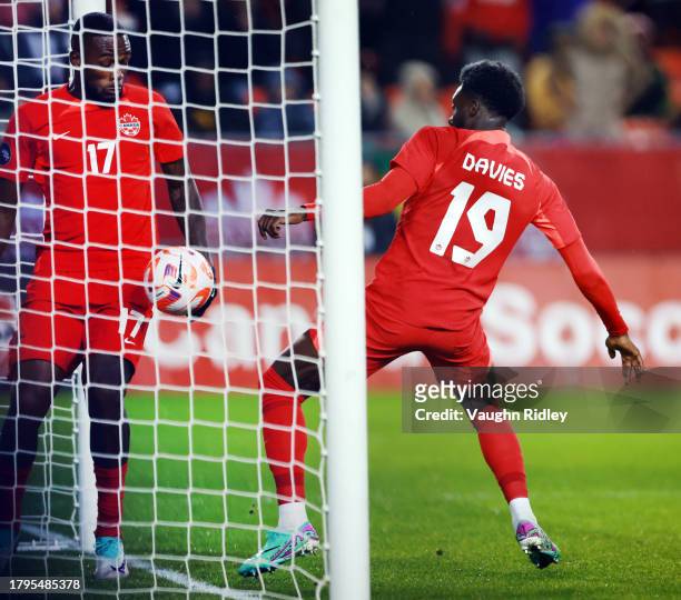 Alphonso Davies of Canada scores a goal during a CONCACAF Nations League match against Jamaica at BMO Field on November 21, 2023 in Toronto, Ontario,...