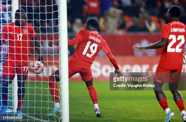 Alphonso Davies of Canada scores a goal during a CONCACAF Nations League match against Jamaica at BMO Field on November 21, 2023 in Toronto, Ontario,...