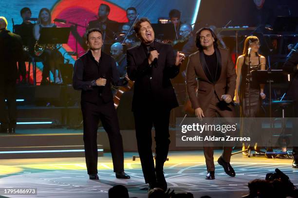 Fonseca, Carlos Vives, and Silvestre Dangond perform onstage during The Latin Recording Academy's 2023 Person of the Year Gala Honoring Laura Pausini...