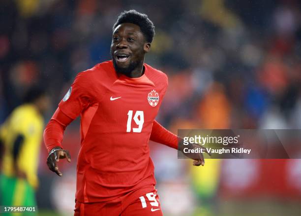 Alphonso Davies of Canada celebrates a goal during a CONCACAF Nations League match against Jamaica at BMO Field on November 21, 2023 in Toronto,...