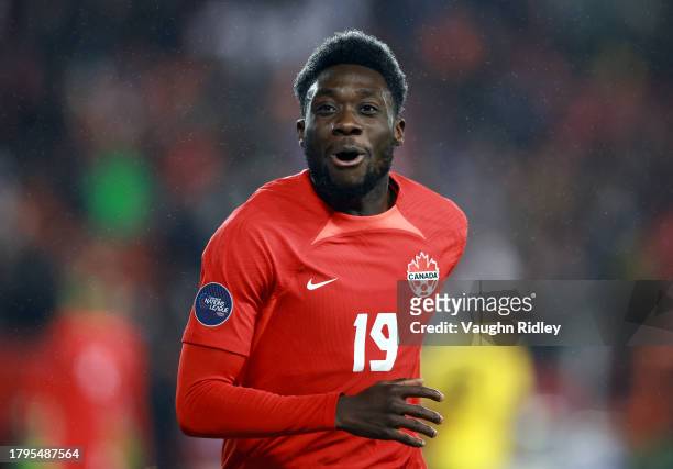 Alphonso Davies of Canada celebrates a goal during a CONCACAF Nations League match against Jamaica at BMO Field on November 21, 2023 in Toronto,...