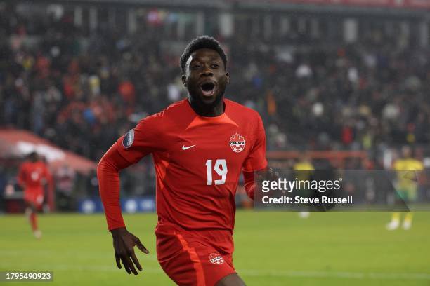 Canada Alphonso Davies celebrates after scoring as Canada plays Jamaica in the Concacaf Nations League Quarterfinals that doubles as a qualification...
