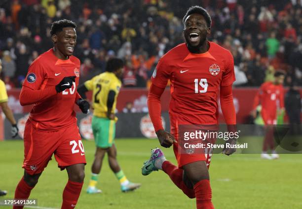 Canada Alphonso Davies celebrates after scoring with Canada forward Jonathan David following as Canada plays Jamaica in the Concacaf Nations League...