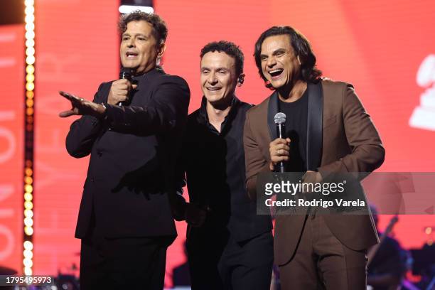 Carlos Vives, Fonseca and Silvestre Dangond perform onstage during the Latin Recording Academy Person of The Year Honoring Laura Pausini at FIBES...