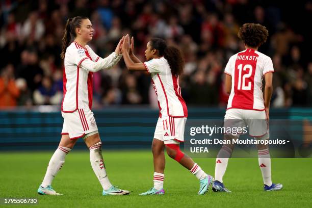 Romee Leuchter and Ashleigh Weerden of Ajax celebrate after the team's victory during the UEFA Women's Champions League group stage match between AFC...