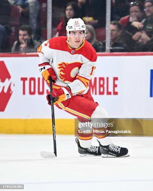 Yegor Sharangovich of the Calgary Flames skates during the third period against the Montreal Canadiens at the Bell Centre on November 14, 2023 in...