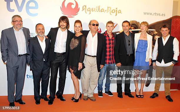 Spanish actors Javier Gutierrez, David Janer, Miriam Gallego, Jose Angel Egido, Patrick Criado and Santiago Molero attend the 'Aguila Roja' new...