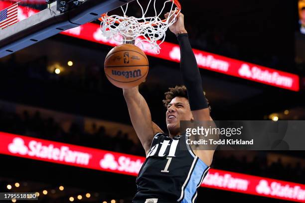 Jalen Johnson of the Atlanta Hawks dunks during the second quarter against the Indiana Pacers during an NBA In-Season Tournament game at State Farm...