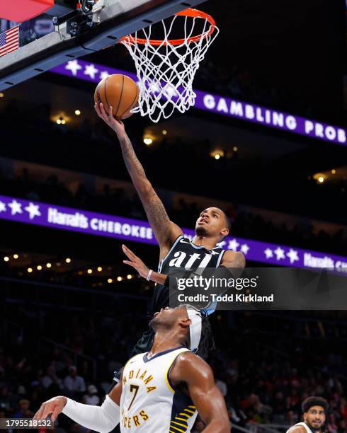 Dejounte Murray of the Atlanta Hawks goes up for a shot during the first quarter against the Indiana Pacers during an NBA In-Season Tournament game...