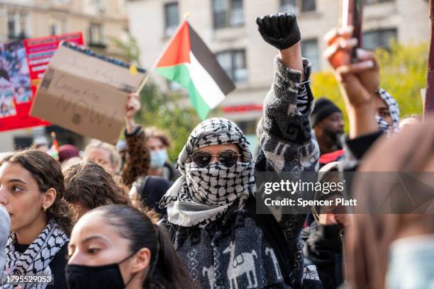 Students participate in a protest in support of Palestine and for free speech outside of the Columbia University campus on November 15, 2023 in New...