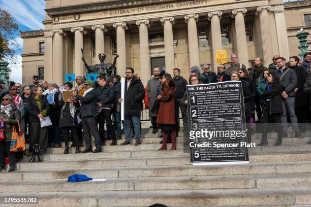 Members of Columbia University's faculty hold a protest in support of Palestine and for free speech on the Columbia University campus on November 15,...