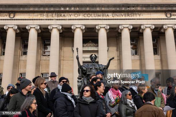 Members of Columbia University's faculty hold a protest in support of Palestine and for free speech on the Columbia University campus on November 15,...