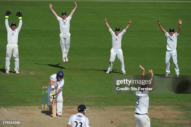 Durham fielders Phil Mustard Paul Collingwood, Scott Borthwick, Michael Richardson and bowler Mitchell Claydon appeal with success for the wicket of...