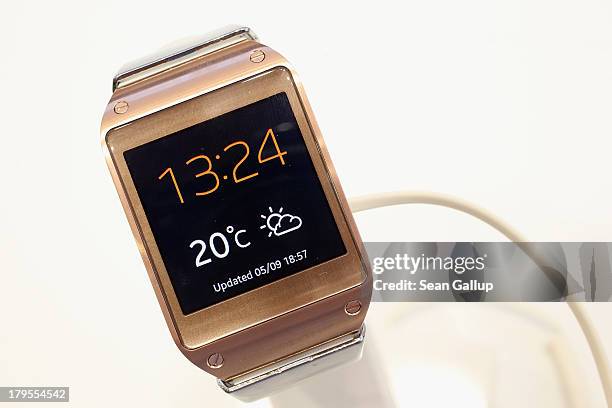 The new Galaxy Gear smartwatch stands on display at the Samsung stand at the IFA 2013 consumer electronics trade fair on September 5, 2013 in Berlin,...