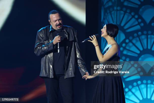Pepe Aguilar and Ángela Aguilar perform onstage during the Latin Recording Academy Person of The Year Honoring Laura Pausini at FIBES Conference and...