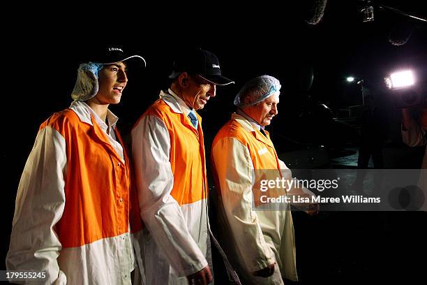 Opposition Leader, Tony Abbott and daughter Frances Abbott take a tour of the Rosella Factory on September 5, 2013 in Dandenong, Australia. The...