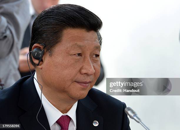 In this handout image provided by Host Photo Agency, President of the People's Republic of China Xi Jinping talks at the meeting of the BRICS...