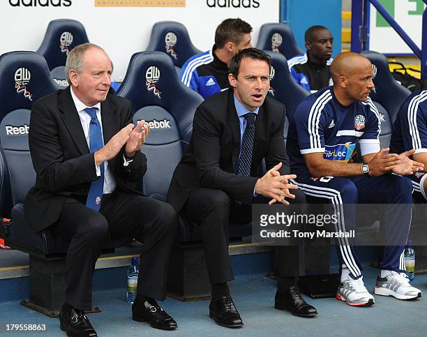Lennie Lawrence and Dougie Freeman, manager of Bolton Wanderers on the bench before the Sky Bet Championship match between Bolton Wanderers and...
