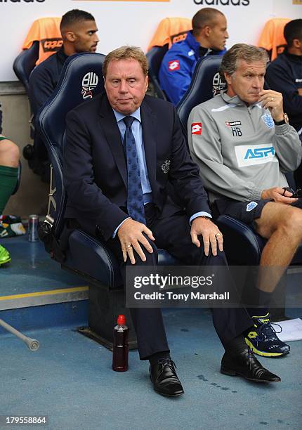 Harry Redknapp, manager of Queens Park Rangers on the bench during the Sky Bet Championship match between Bolton Wanderers and Queens Park Rangers at...