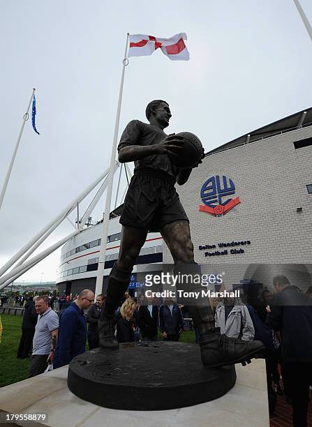 Statue of Nat Lofthouse outside of the Reebok Stadium during the Sky Bet Championship match between Bolton Wanderers and Queens Park Rangers at...